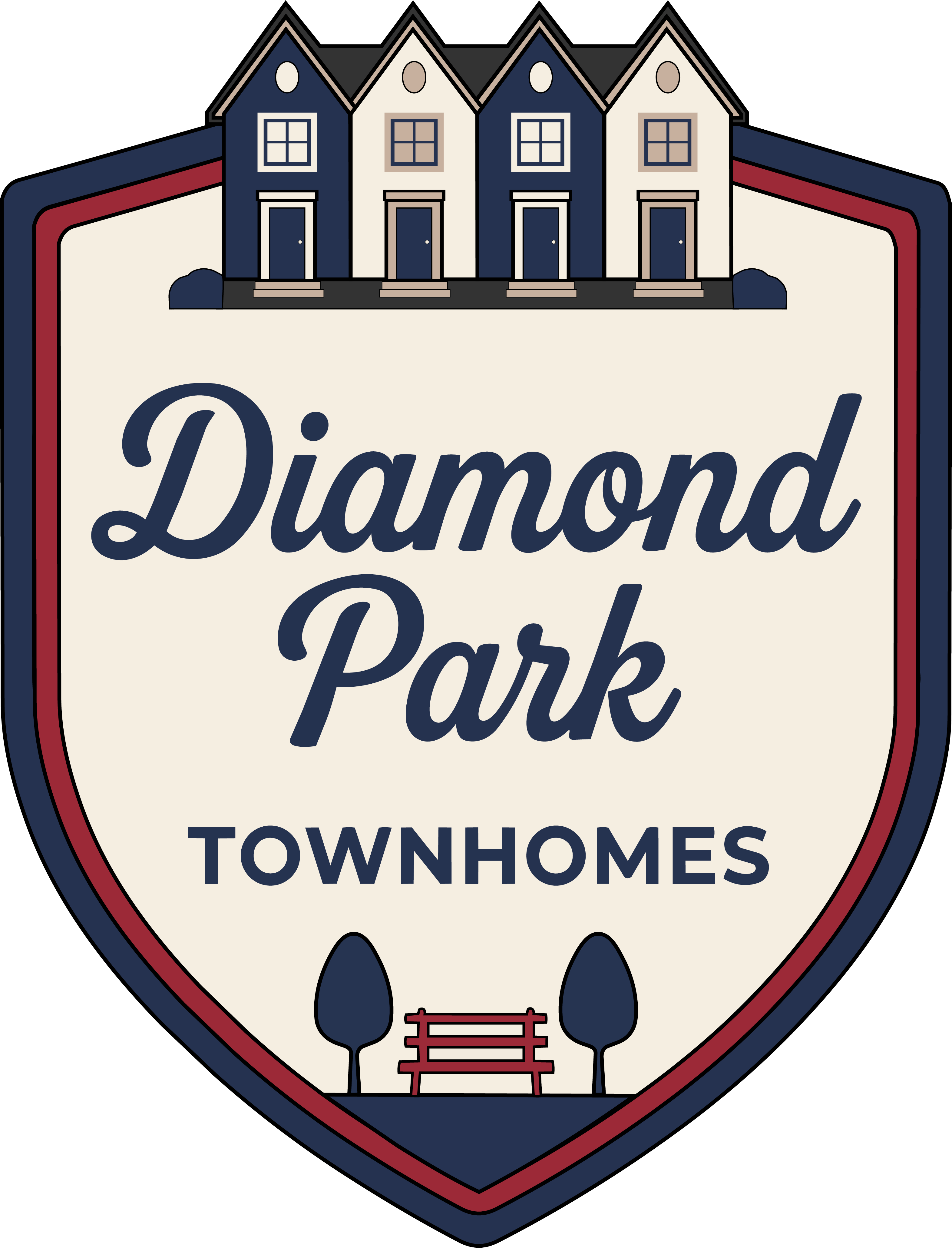 A graphic for Diamond Park Townhomes features a row of houses and a bench.